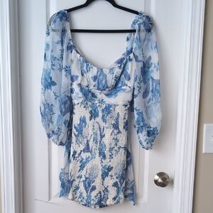 Selfie Leslie Blue Floral Puff-Sleeve Mini Dress